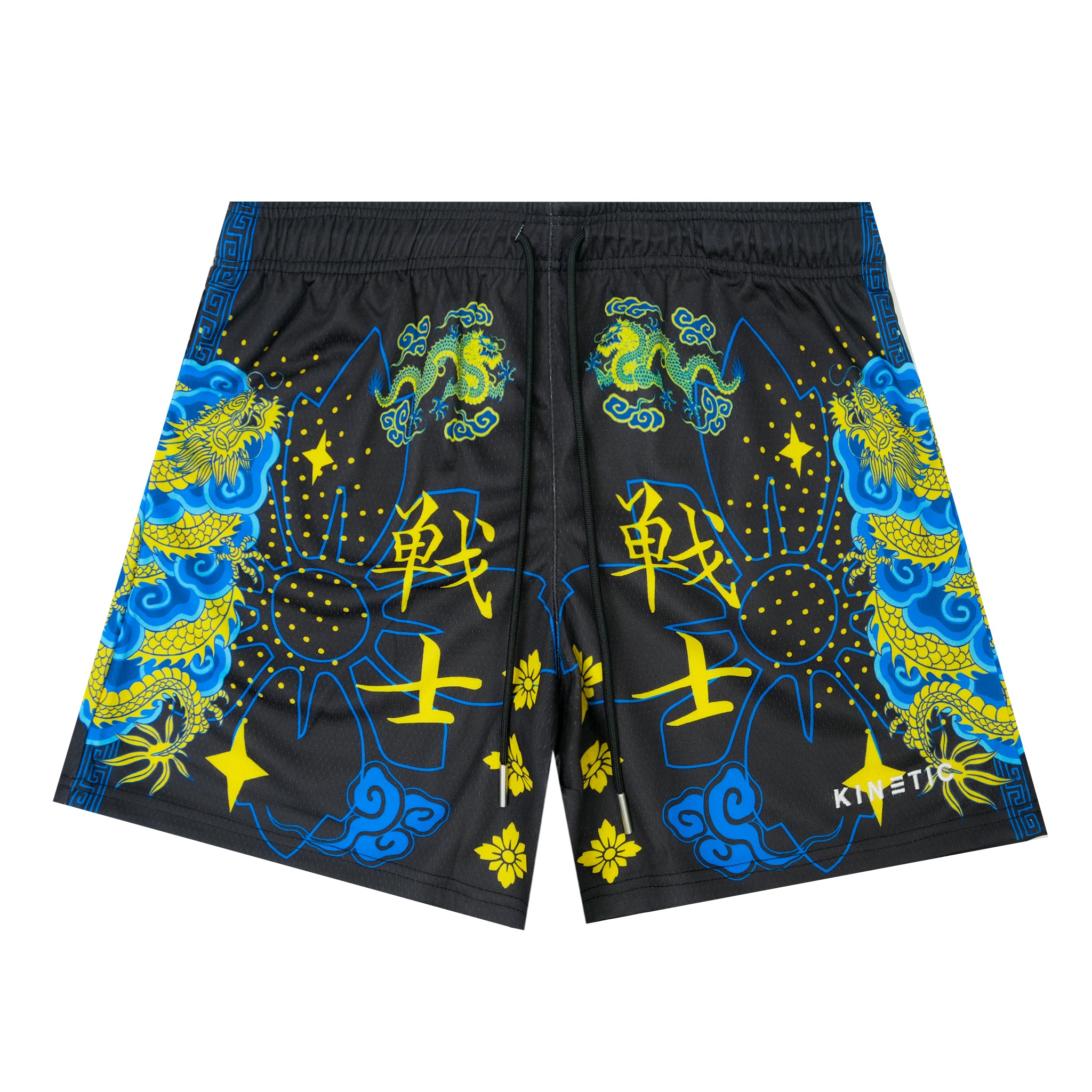 Black shorts with blue and yellow dragon designs on a white background
