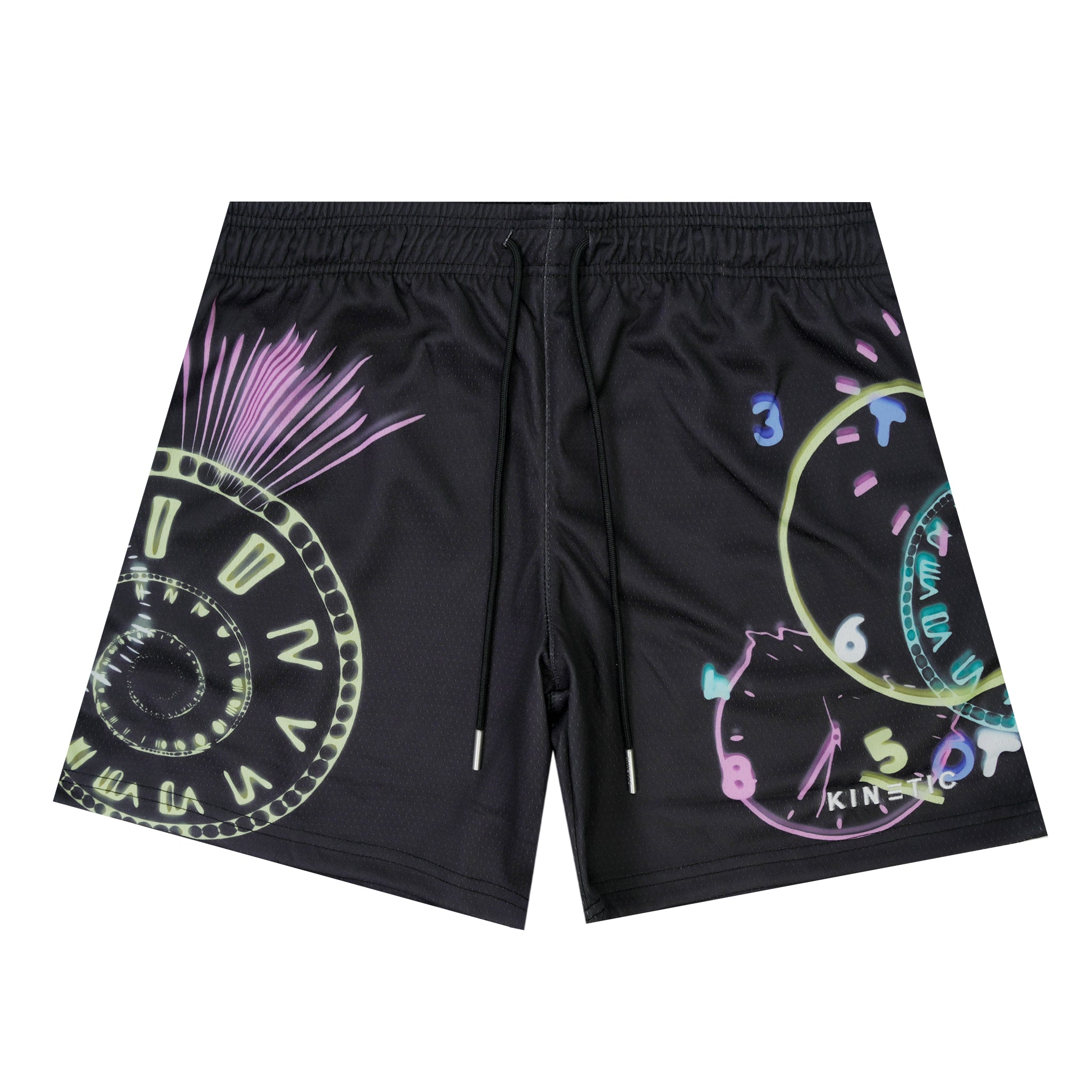 Black shorts with colorful clock design on a white background