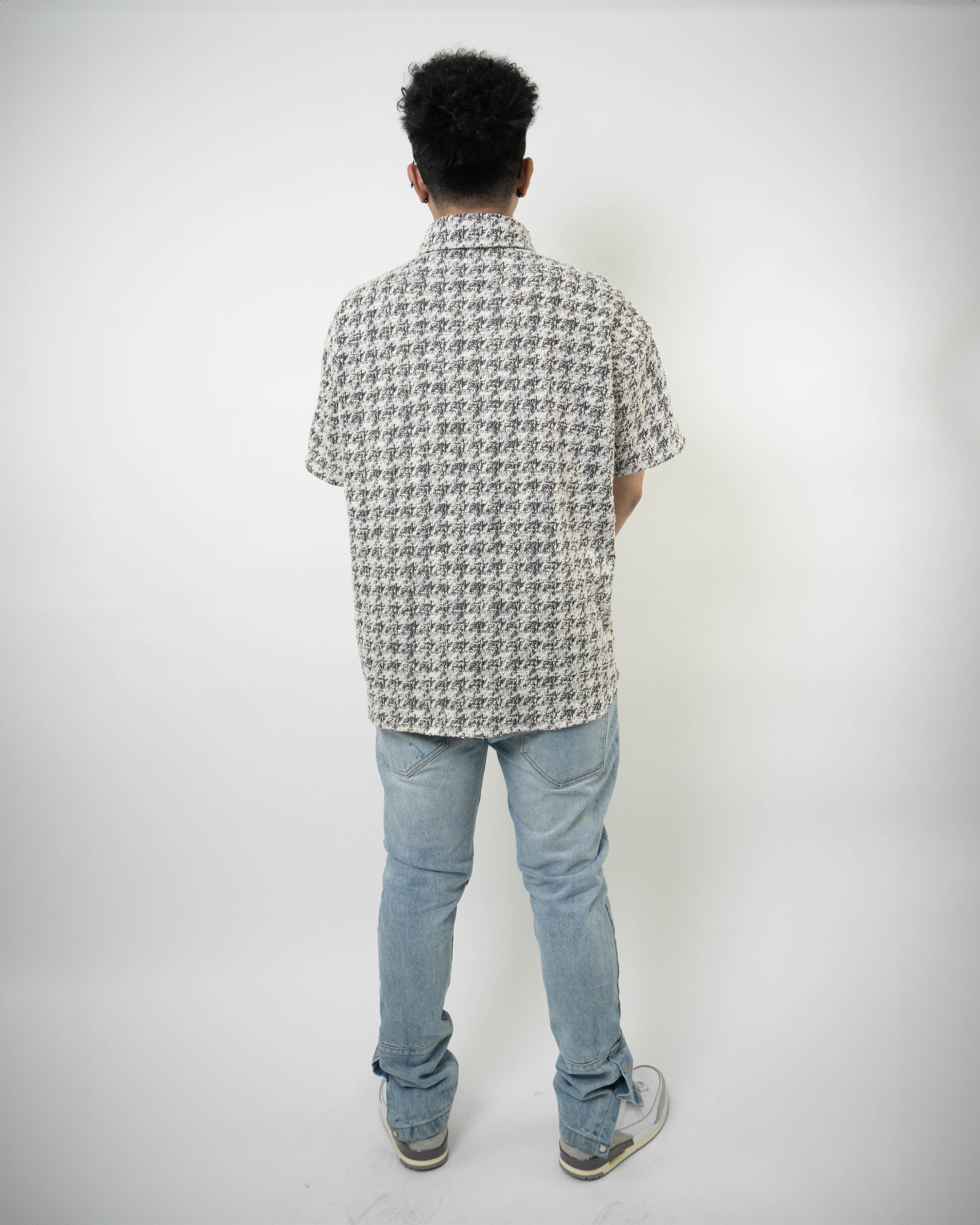 Houndstooth Boucle Short Sleeve Button-Down Shirt