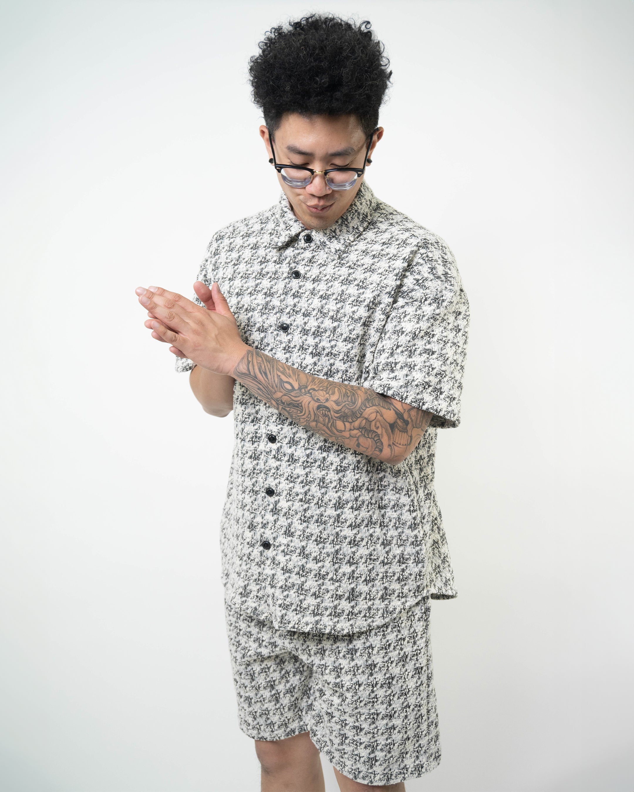 Houndstooth Boucle Short Sleeve Button-Down Shirt