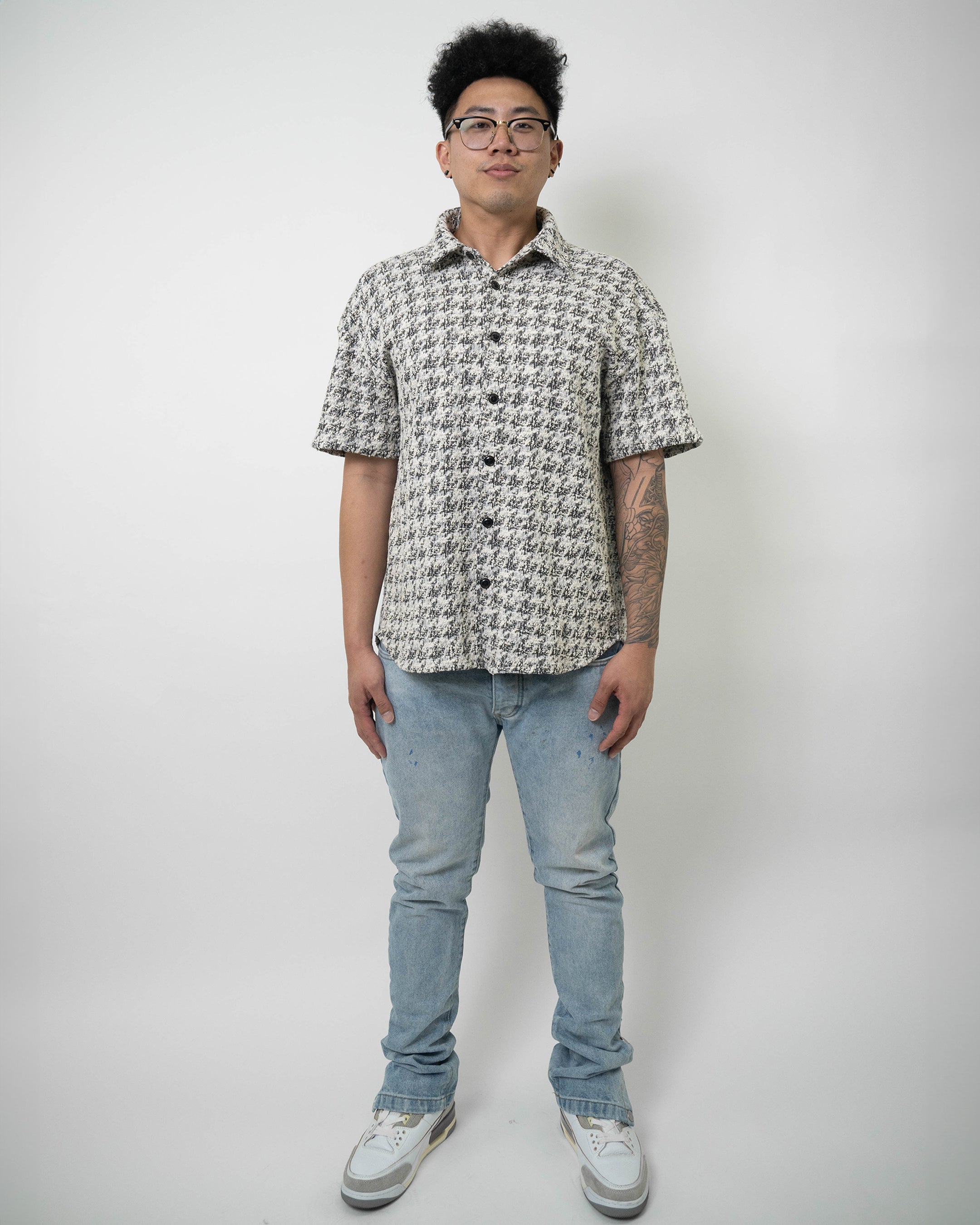 Houndstooth Boucle Short Sleeve Button-Down Shirt