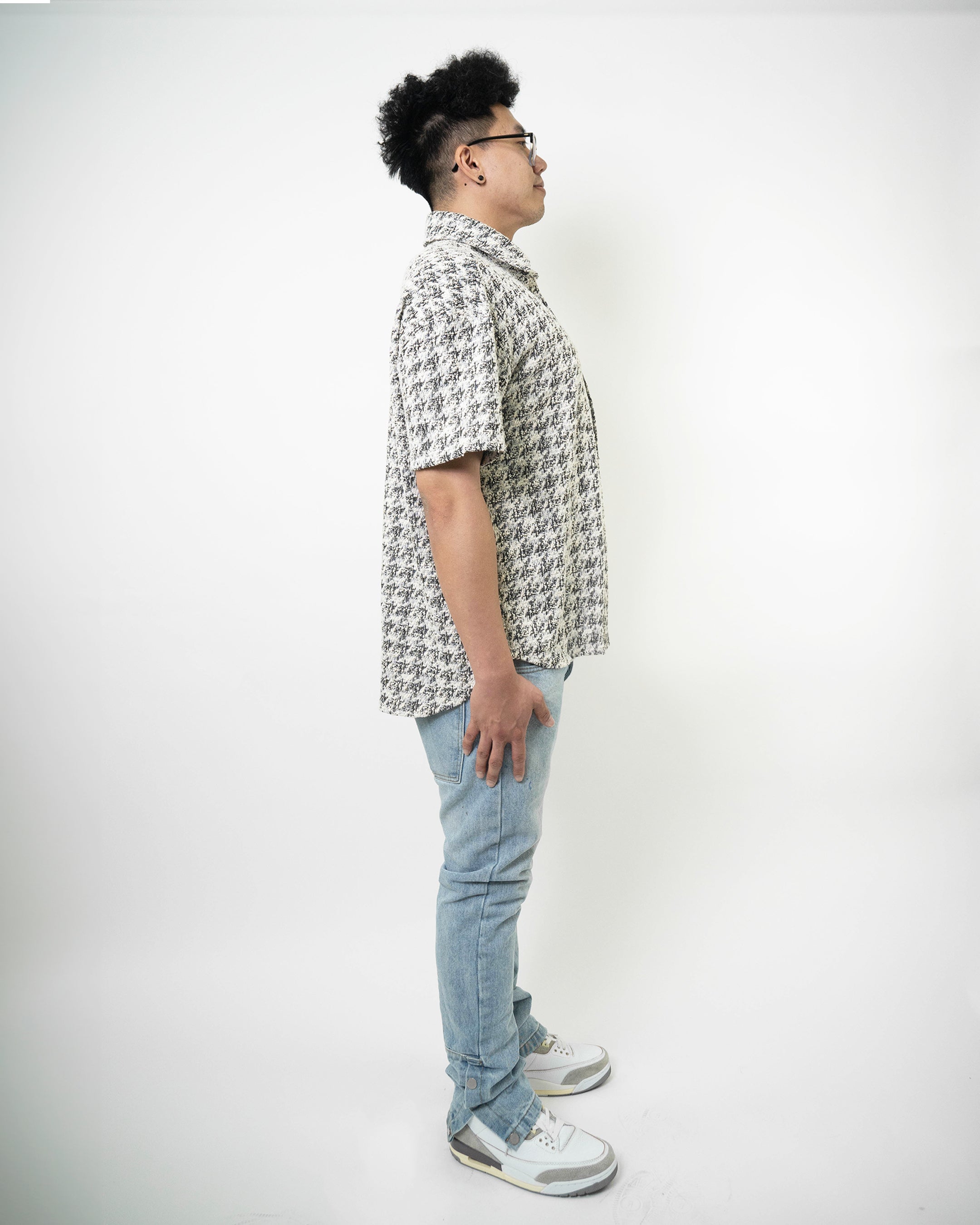 Houndstooth Boucle Short Sleeve Button-Down Shirt