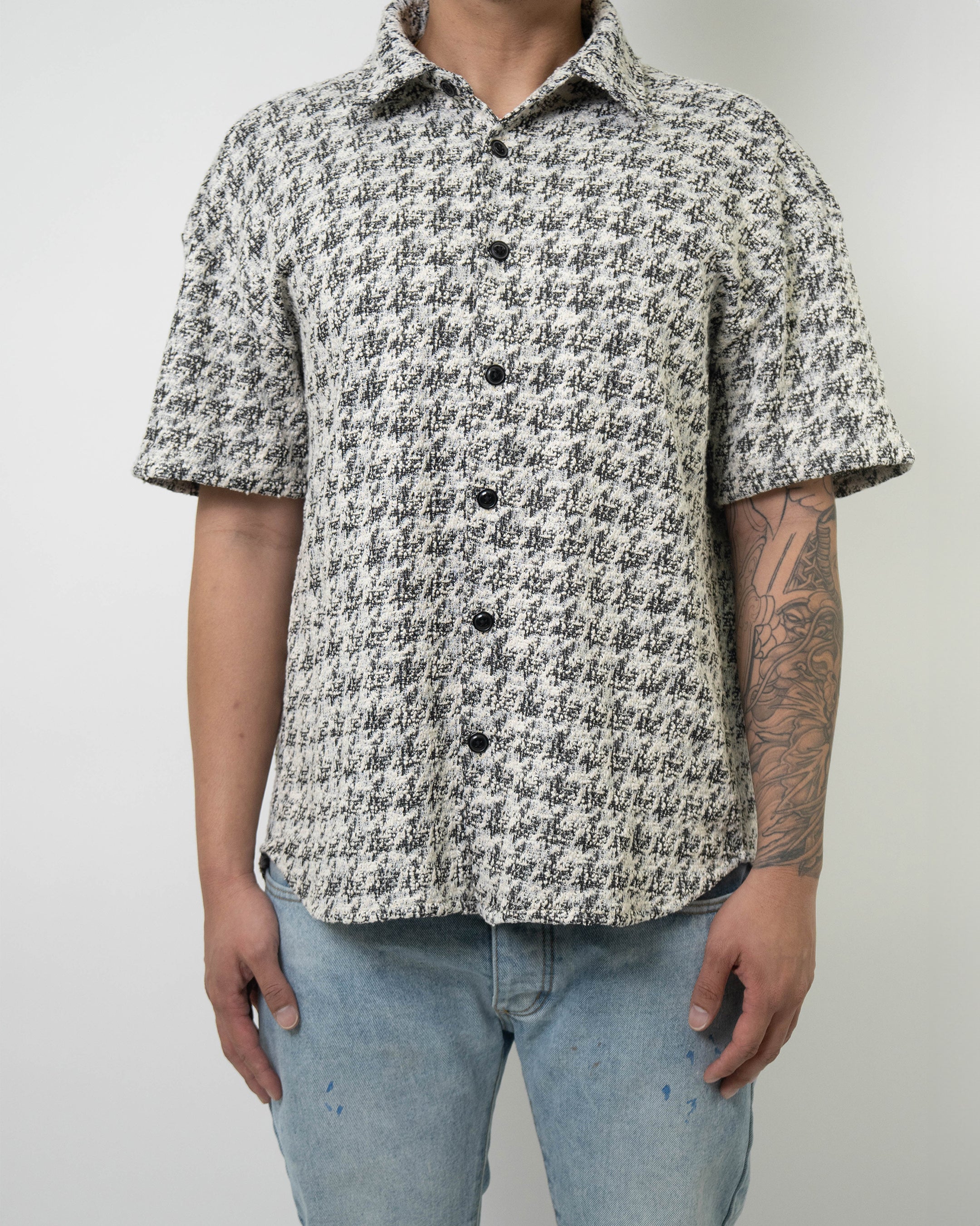 Houndstooth Boucle Short Sleeve Button-Down Shirt